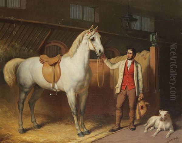 Chevalier, Cheval Selle Et Chien Dans L'etable Oil Painting by Louis Joseph Ghemar