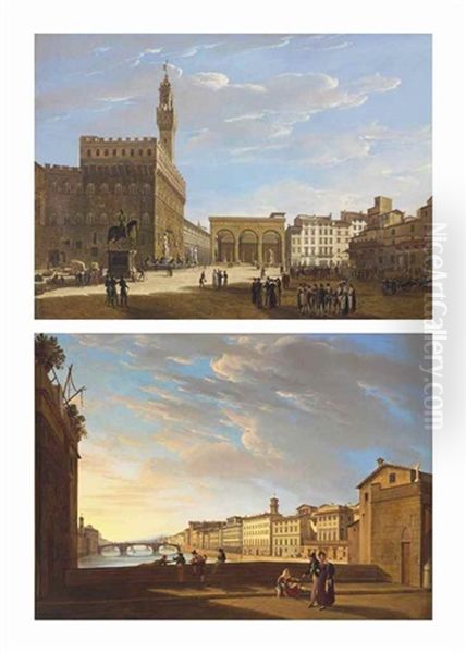 Florence: The Piazza Della Signoria With The Palazzo Vecchio, The Uffizi, And The Loggia Dei Lanzi; And Florence: The Arno, Looking West From The Ponte Vecchio Oil Painting by Giuseppe Gherardi