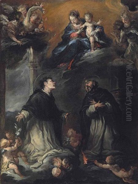 The Madonna And Child Appearing To Saints Nicholas Of Tolentino And Thomas Aquinas Oil Painting by Alessandro Gherardini