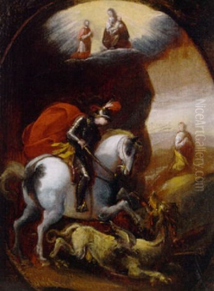 Saint George And The Dragon, With A Cardinal Saint Adoring The Madonna And Child Beyond Oil Painting by Melchiorre Gherardini