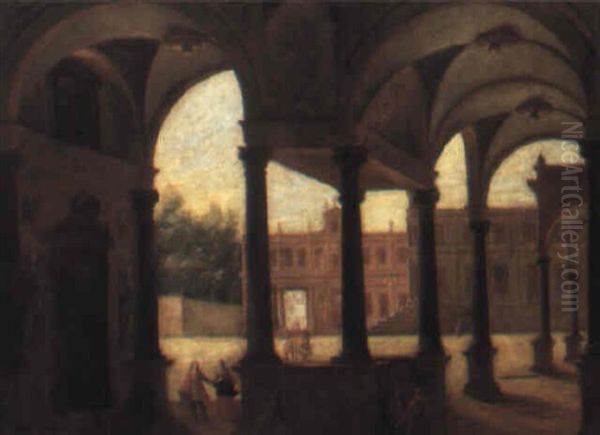 Courtyard Of A Grand Palace With Figures Oil Painting by Anton Gunther Gheringh