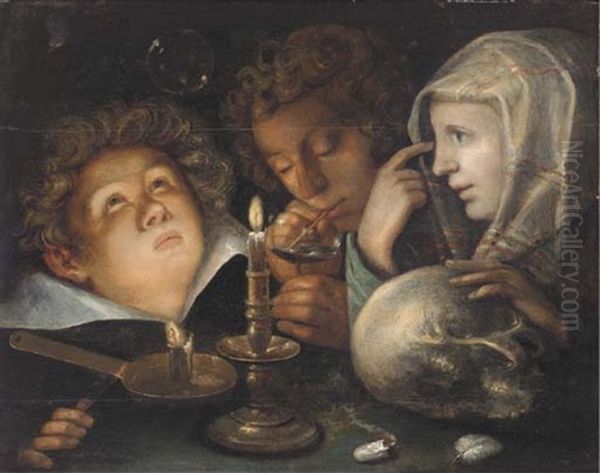 A Vanitas Allegory: Homo Bulla Est, A Boy Blowing Bubbles While Another Watches And A Young Woman Holds A Skull By Candlelight Oil Painting by Jacques de Gheyn II