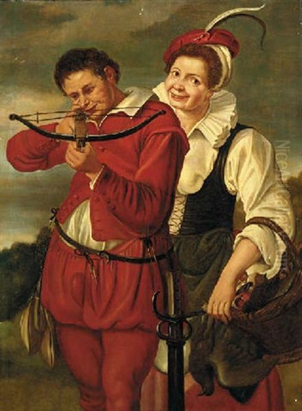 A Youth Shooting Wild Birds With A Crossbow, A Companion At His Side Oil Painting by Jacques de Gheyn II