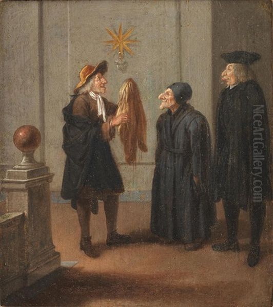 A Cleric And Other Figures In An Interior Oil Painting by Pier Leone Ghezzi