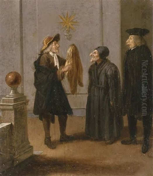 A Cleric And Other Figures In An Interior Oil Painting by Pier Leone Ghezzi