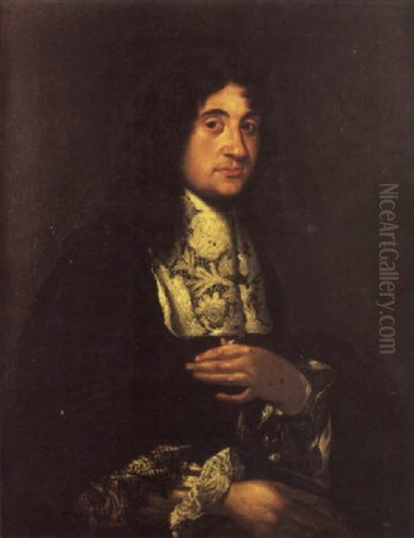 Portrait Of A Gentleman In A Black Costume With A Lace Jabot Amd Cuffs Oil Painting by Pier Leone Ghezzi