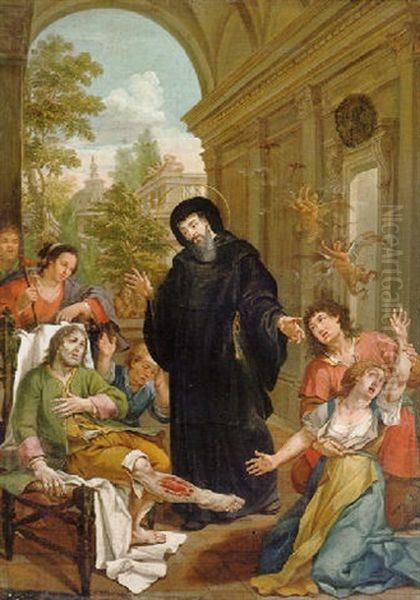 San Francisco De Paula Asistiendo A Los Enfermos Y Expulsando A Los Demonios, Un Jardin Al Fondo Oil Painting by Pier Leone Ghezzi