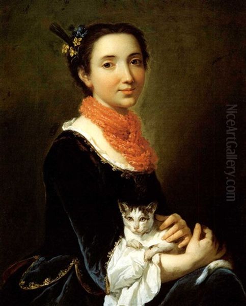 Portrait Of A Young Lady Seated Holding A Kitten. Oil Painting by Pier Leone Ghezzi