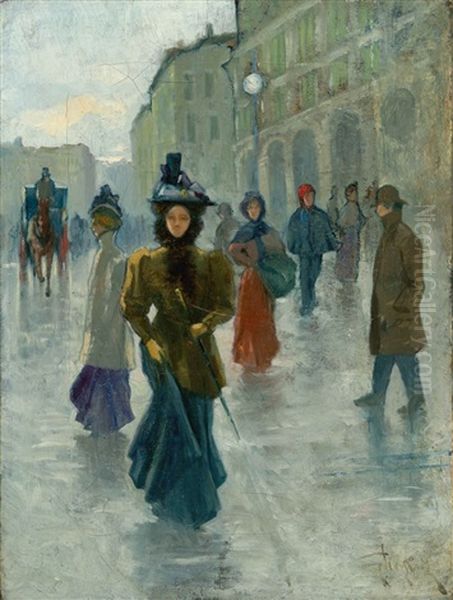 Passeggio In Una Giornata Di Pioggia In Via Grande A Livorno Oil Painting by Oscar Ghiglia