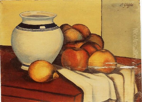 Still Life Of A Blue And White Vase With Apples And Lemons by Oscar Ghiglia