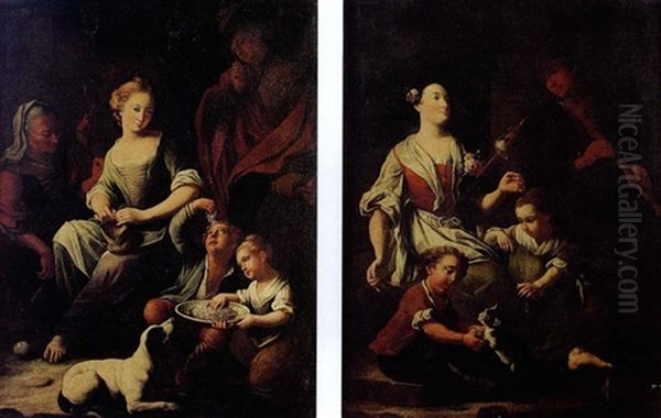 Allegorie Des Cinq Sens: Fileuse Et Enfants Jouant Avec Un Chat (+ Jeune Femme Tricotant Et Enfants Mangeant Des Spaghetti; Pair) Oil Painting by Stefano Ghirardini