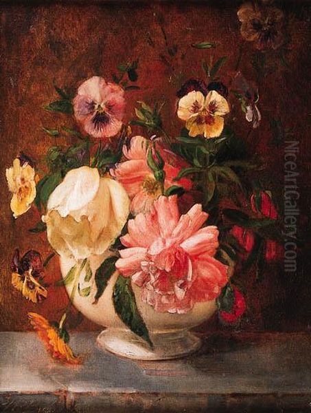 Roses And Pansies In White Vase Oil Painting by William Babcock