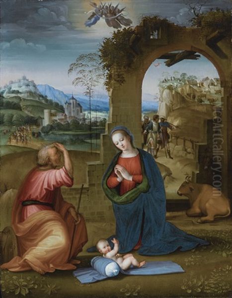 The Holy Family With The Annunciation To The Shepherds Beyond Oil Painting by Ridolfo del Ghirlandaio