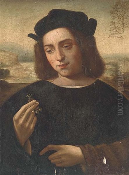 Portrait Of A Man, Half-length, Holding A Piece Of Jewellery, A Landscape Beyond Oil Painting by Ridolfo del Ghirlandaio