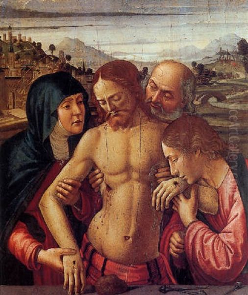 The Dead Christ Supported By The Virgin, Saint John The Evangelist And Joseph Of Arimathea Oil Painting by Davide Bigordi Ghirlandajo