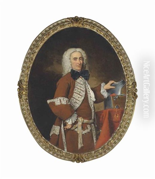 Portrait Of A Gentleman, Three-quarter-length, In A Silver-trimmed Brown Suit, With A Steel Breastplate And A Patent Of Nobility On A Table Beside Oil Painting by Vittore Giuseppe Ghislandi (Fra' Galgario)