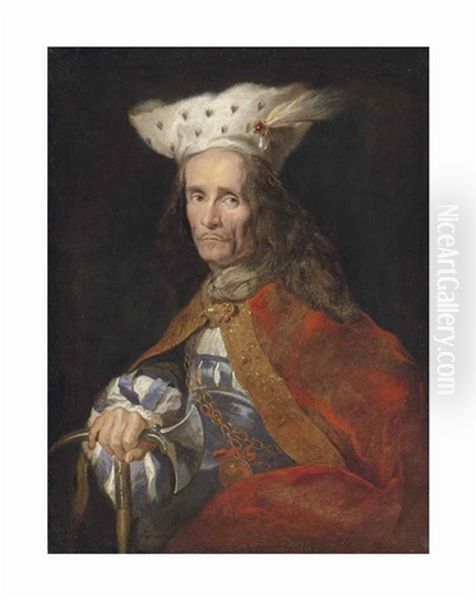 Portrait Of A Gentleman, Half-length, In A Fur Hat And Cape, His Right Hand Resting On An Axe Oil Painting by Vittore Giuseppe Ghislandi (Fra' Galgario)