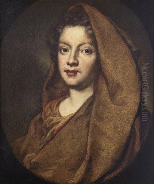 Portrait Of A Lady, Bust Length, In A Red Dress With A Brown Veil Oil Painting by Vittore Giuseppe Ghislandi (Fra' Galgario)