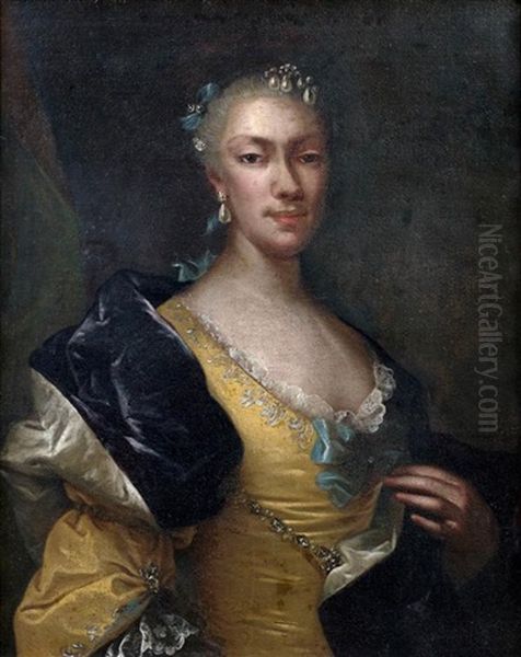 Portrait De Jeune Femme De Qualite En Jaune Et Violet Oil Painting by Vittore Giuseppe Ghislandi (Fra' Galgario)