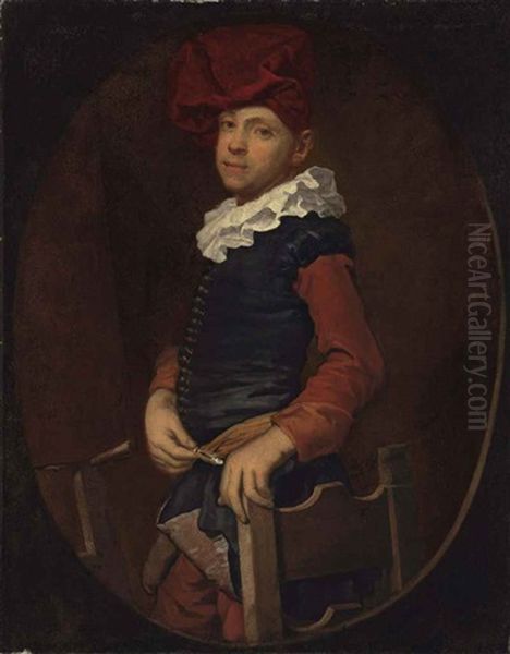 Portrait Of An Artist, Half-length, In A Black Vest And Ruff With A Red Turban, Before An Easle, In A Feigned Oval Oil Painting by Vittore Giuseppe Ghislandi (Fra' Galgario)