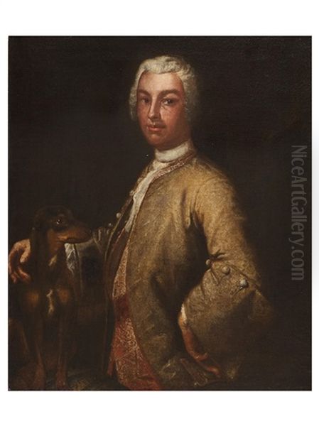 Half Length Portrait Of A Gentleman In A Gold Jacket With Dog Oil Painting by Vittore Giuseppe Ghislandi (Fra' Galgario)