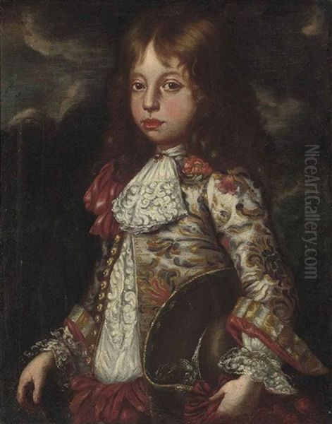 Portrait Of A Young Boy In A Lace Trimmed Embroidered Coat, A Hat Under His Left Arm Oil Painting by Vittore Giuseppe Ghislandi (Fra' Galgario)