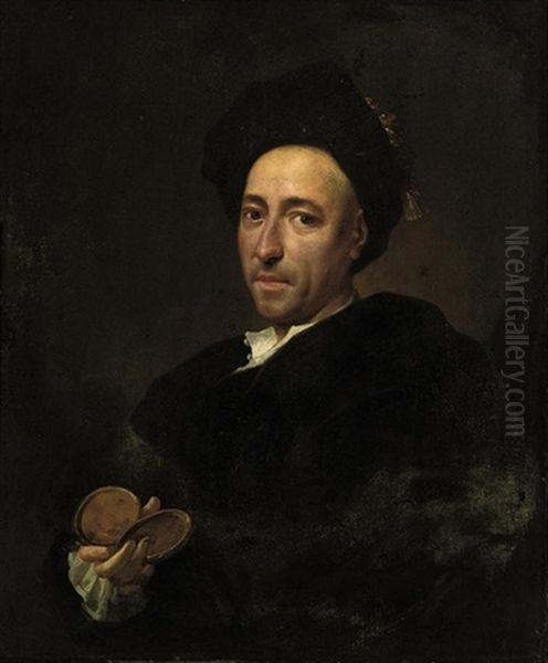 Portrait Of A Gentleman In A Brown Coat And Cap, Holding A Snuffbox Oil Painting by Vittore Giuseppe Ghislandi (Fra' Galgario)