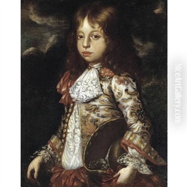 Portrait Of A Young Boy Wearing A Richly Embroidered Coat And Holding A Hat Oil Painting by Vittore Giuseppe Ghislandi (Fra' Galgario)