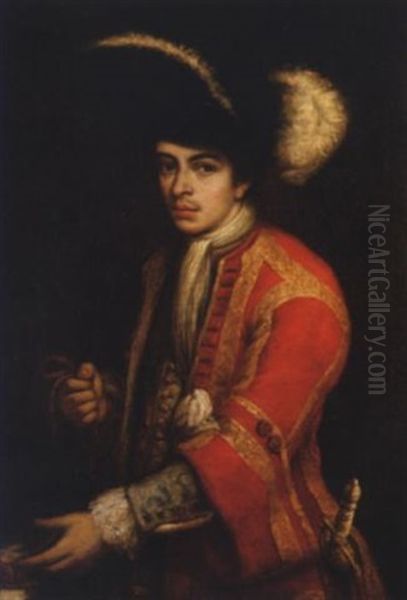 Portrait Of A Young Man In A Scarlet Coat, A Plumed Hat And Holding A Hound On A Leash At His Side Oil Painting by Vittore Giuseppe Ghislandi (Fra' Galgario)