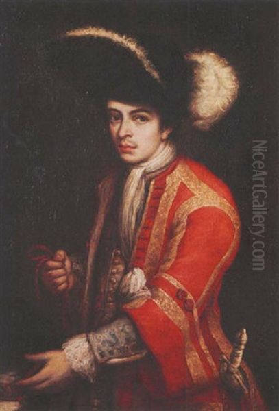 Portrait Of A Young Man In A Red Coat And Plumed Hat Holding A Hound On A Lead Oil Painting by Vittore Giuseppe Ghislandi (Fra' Galgario)