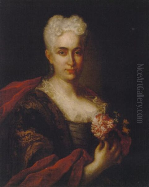 Portrait Of A Lady In A Blue Dress With Gold Brocade And A Crimson Wrap, Holding A Carnation Oil Painting by Vittore Giuseppe Ghislandi (Fra' Galgario)