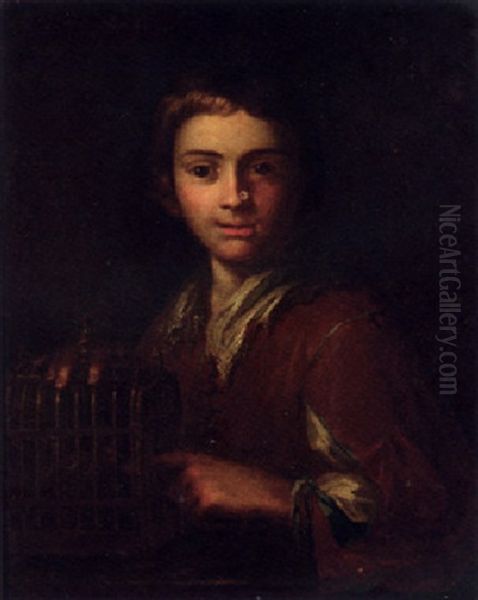 A Youth Pointing At A Birdcage Oil Painting by Vittore Giuseppe Ghislandi (Fra' Galgario)