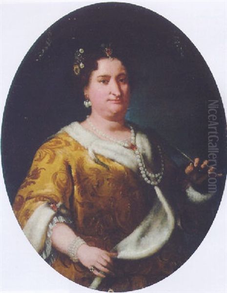 Portrait Of A Lady (contessa Maria Suardo?) Wearing An Embroidered Ermine-trimmed Yellow Dress Oil Painting by Vittore Giuseppe Ghislandi (Fra' Galgario)