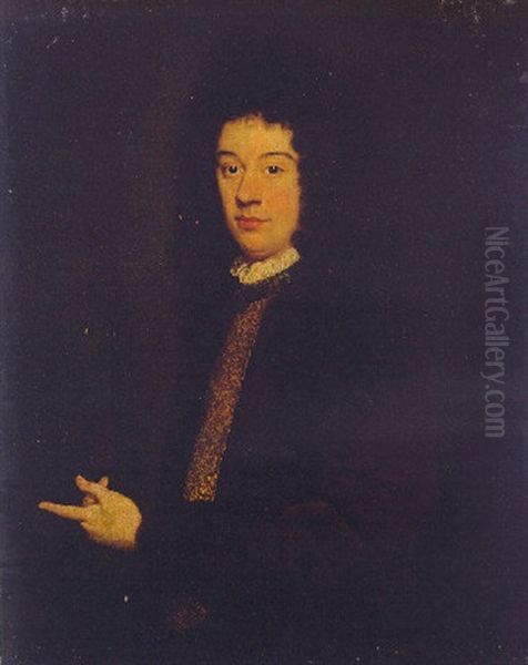 Portrait Of A Young Gentleman In Red Robes, Pointing With His Left Hand Oil Painting by Vittore Giuseppe Ghislandi (Fra' Galgario)