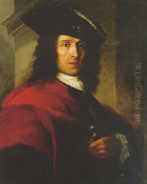 Portrait Of A Gentleman, In A Hat And Mantle, Holding A Walking Stick Oil Painting by Vittore Giuseppe Ghislandi (Fra' Galgario)