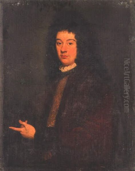 Portrait Of A Young Gentleman In Red Robes, Pointing With His Left Hand Oil Painting by Vittore Giuseppe Ghislandi (Fra' Galgario)