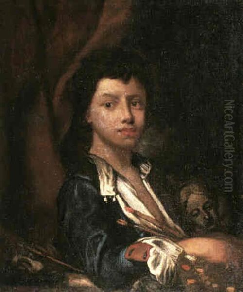 Portrait Of A Young Artist Half Length Before Drapes        Holding Brushes, Palette And A Marble Bust Of A Woman by Vittore Giuseppe Ghislandi (Fra' Galgario)