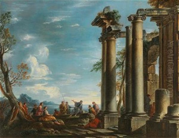 A Coastal Landscape With Figures By A Classical Ruin Oil Painting by Giovanni Ghisolfi