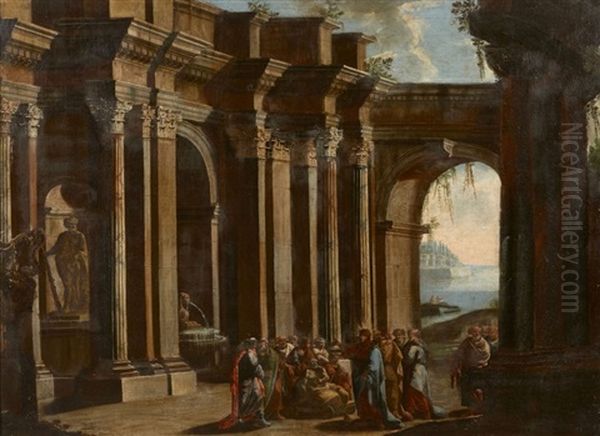 Architecture Classique Avec Le Christ Guerissant Un Paralytique Oil Painting by Giovanni Ghisolfi