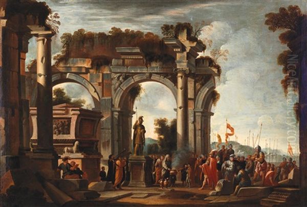 A Landscape With Ruins And Alexander The Great In Front Of The Tomb Of Achilles Oil Painting by Giovanni Ghisolfi