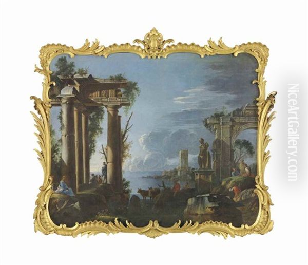 A Capriccio Of Classical Ruins With Figures Resting By Columns And Others Conversing Oil Painting by Giovanni Ghisolfi