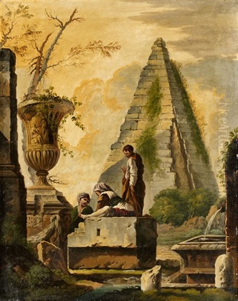 Zwei Architekturcapriccios Mit Antiken Ruinen Und Figurenstaffage (pair) Oil Painting by Giovanni Ghisolfi