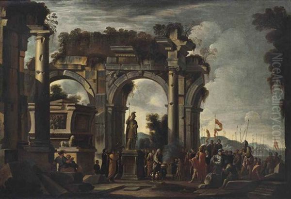 A Capriccio Landscape With Alexander Visiting The Tomb Of Achilles Oil Painting by Giovanni Ghisolfi