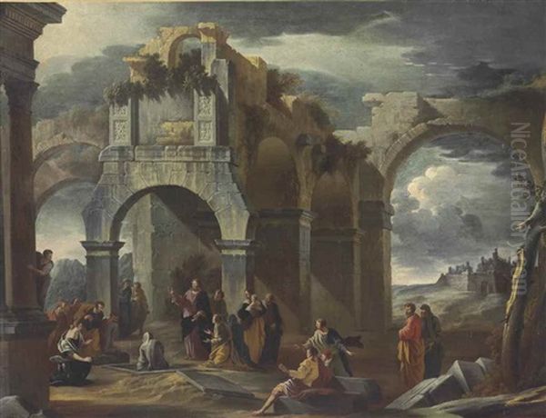 A Capriccio Of Classical Ruins With The Raising Of Lazarus Oil Painting by Giovanni Ghisolfi