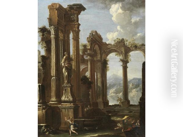 Figures In An Architectural Capriccio Oil Painting by Giovanni Ghisolfi