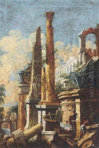 A Capriccio Of Classical Ruins; A Capriccio Of Classical Ruins With An Obelisk And A Column (pair) Oil Painting by Giovanni Ghisolfi