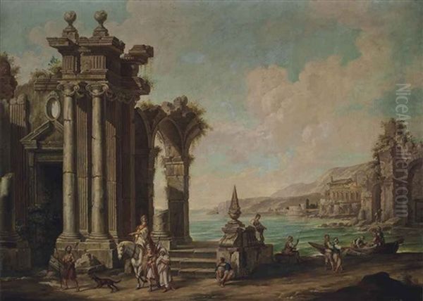 A Mediterranean Harbour With A Capriccio Of Classical Ruins And A Soldier On Horseback Oil Painting by Giovanni Ghisolfi