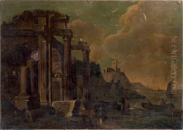 Ruines Antiques Sur Un Port Oil Painting by Giovanni Ghisolfi