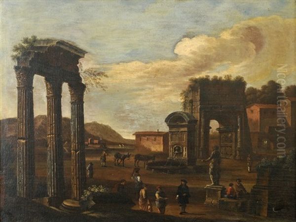 Figures Amidst Classical Ruins (pair) Oil Painting by Giovanni Ghisolfi