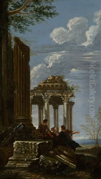 Capriccio Architettonico Con Rovine Antiche (+ Another; Pair) Oil Painting by Giovanni Ghisolfi